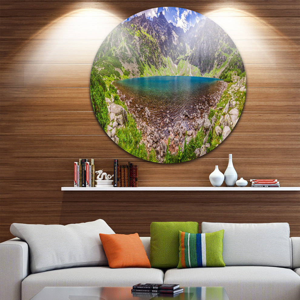 Pond In Middle Of Mountains Panorama, Landscape Disc Metal Artwork, 38"