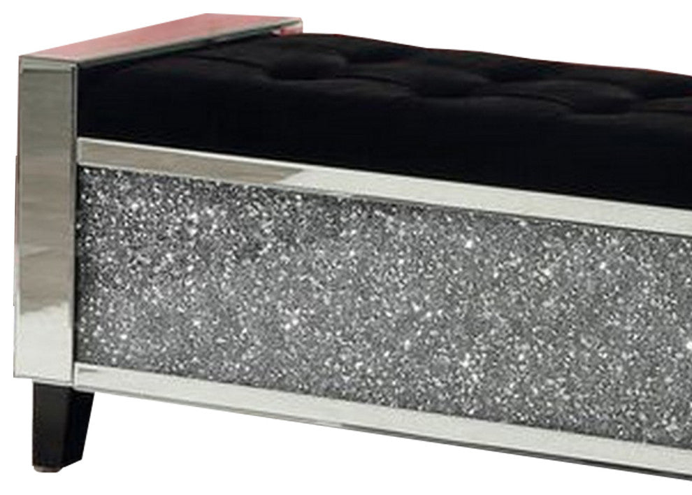 Benzara BM251182 Mirrored Bench With Tufted Fabric Seat/Faux Diamonds, Silver