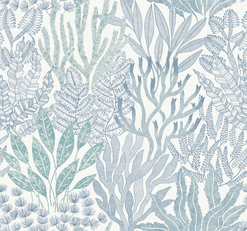 Coral Leaves Blue and Aqua Wallpaper