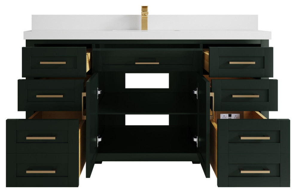 Cambridge 60 Single Bathroom Vanity in Dark Forest Green 2" White Quartz