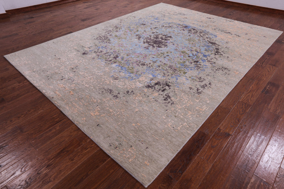 8' 11" X 12' 1" Wool and Silk Modern Hand Knotted Rug Q9259