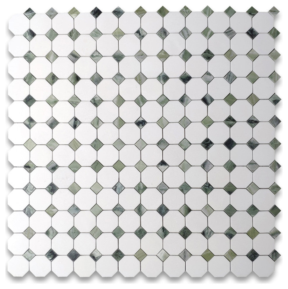 Thassos White Marble Octagon Mosaic Tile Sagano Green Dots Polished, 1 sheet