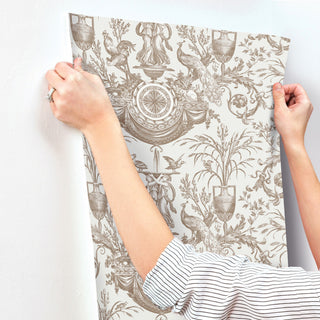 Avian Fountain Toile Mink Wallpaper
