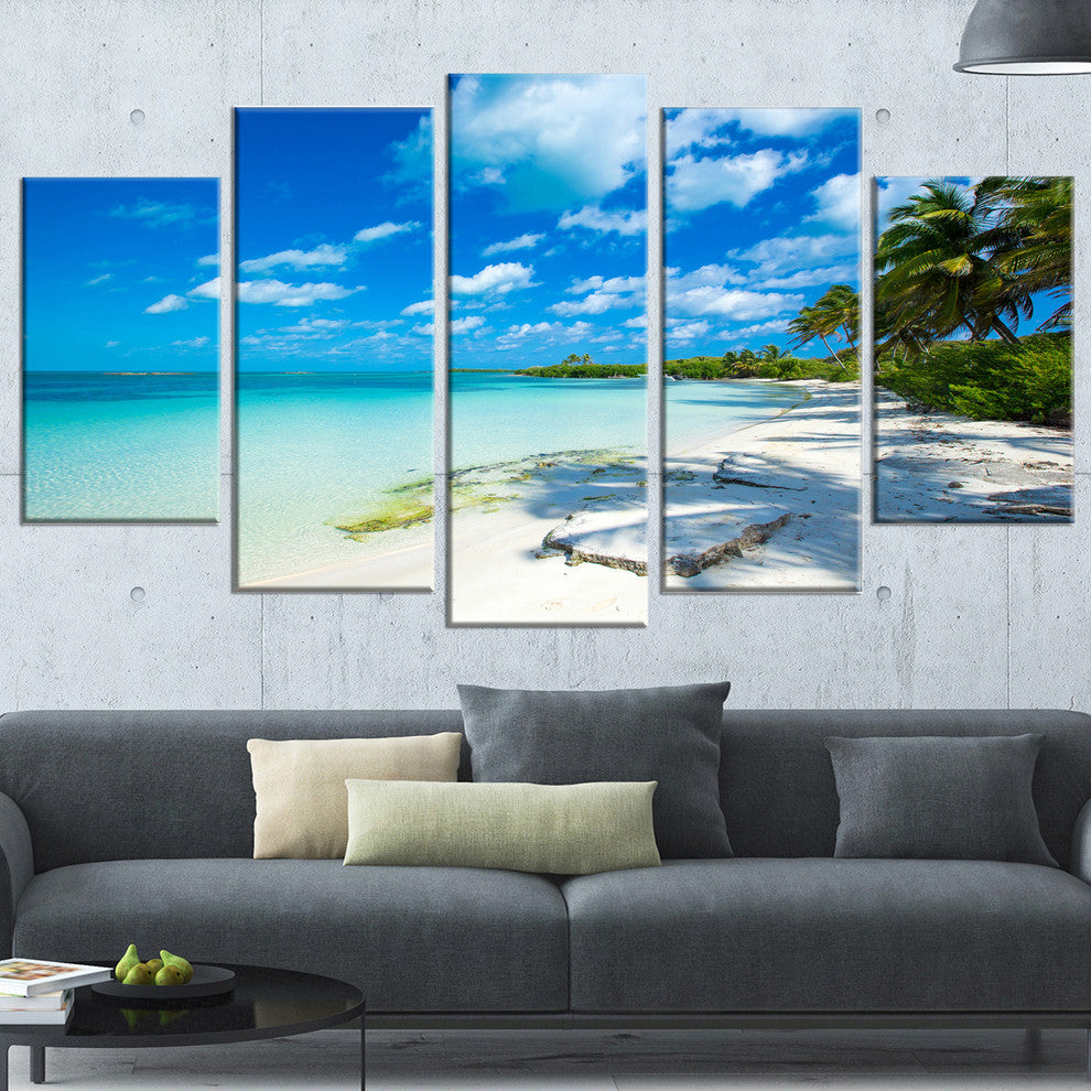 "Tropical Beach With Palm Shadows" Seashore Wall Art, 5 Panels, 60"x32"