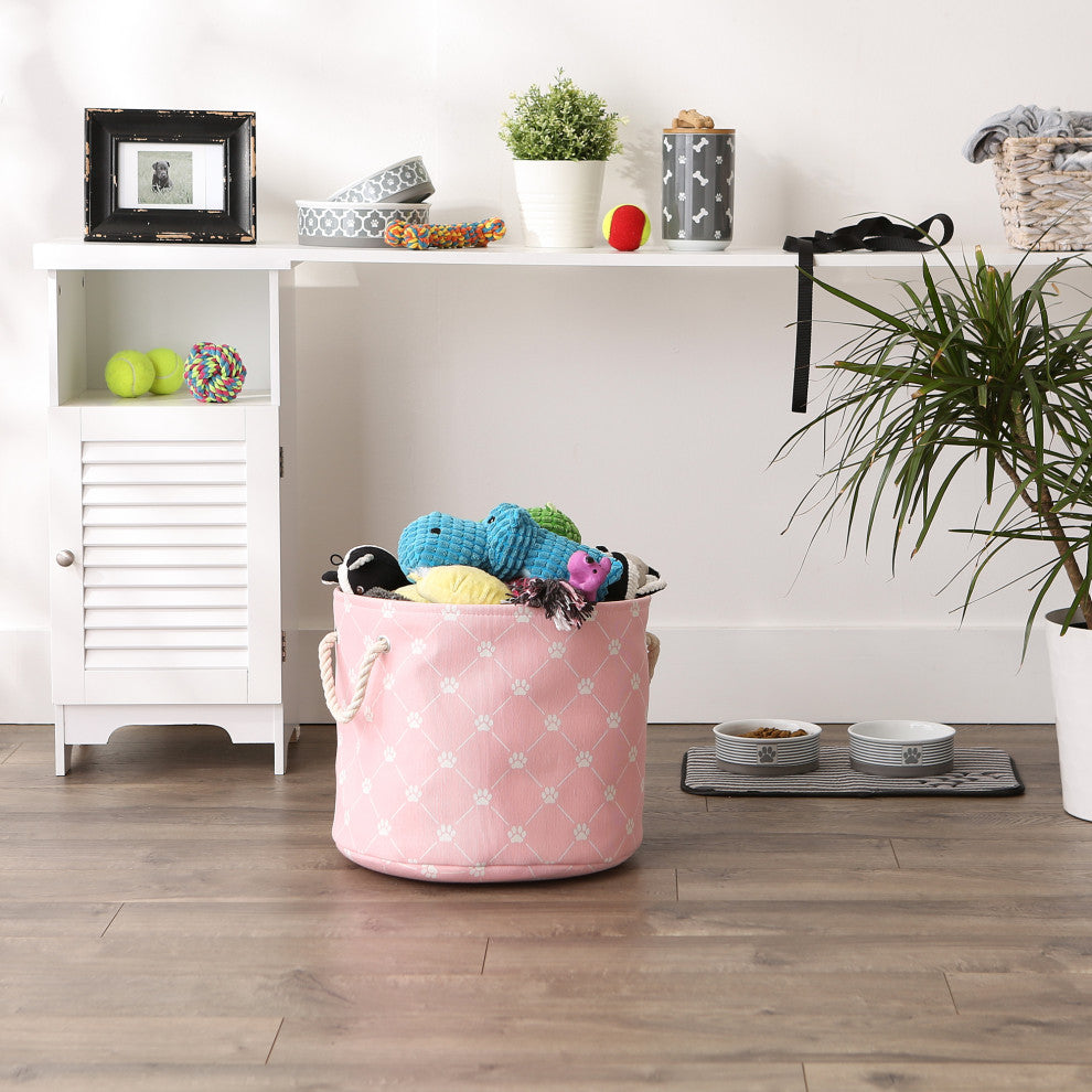 Polyester Pet Bin Trellis Paw Pink Round Medium