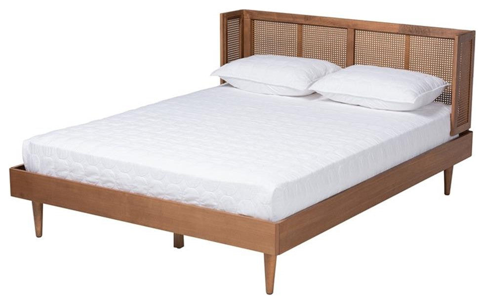 Rina Ash Walnut Finish Wood 4-Piece Queen Size Bedroom Set with Synthetic Rattan
