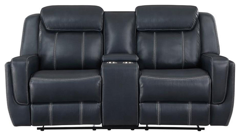 Pemberly Row Upholstered Faux Leather Double Reclining Loveseat in Blue