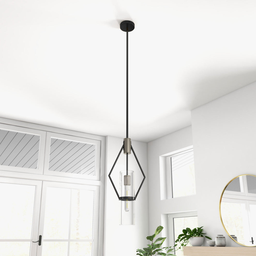 Everly Single Light Metal and Glass Pendant, Black and Chrome