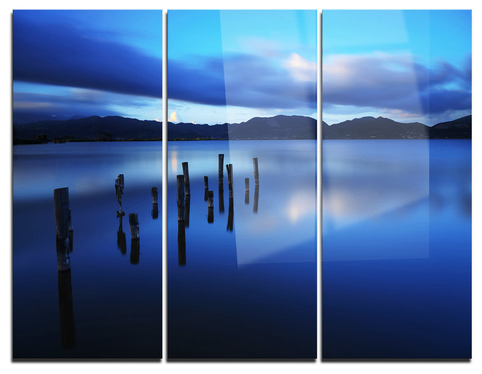"Dark Blue Sea With Pier Remains" Photo Metal Wall Art, 3 Panels, 36"x28"