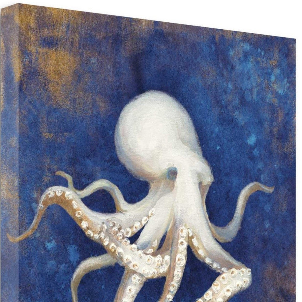 35" Rustic Deep Blue and Gold Octopus Giclee Wrap Canvas Wall Art