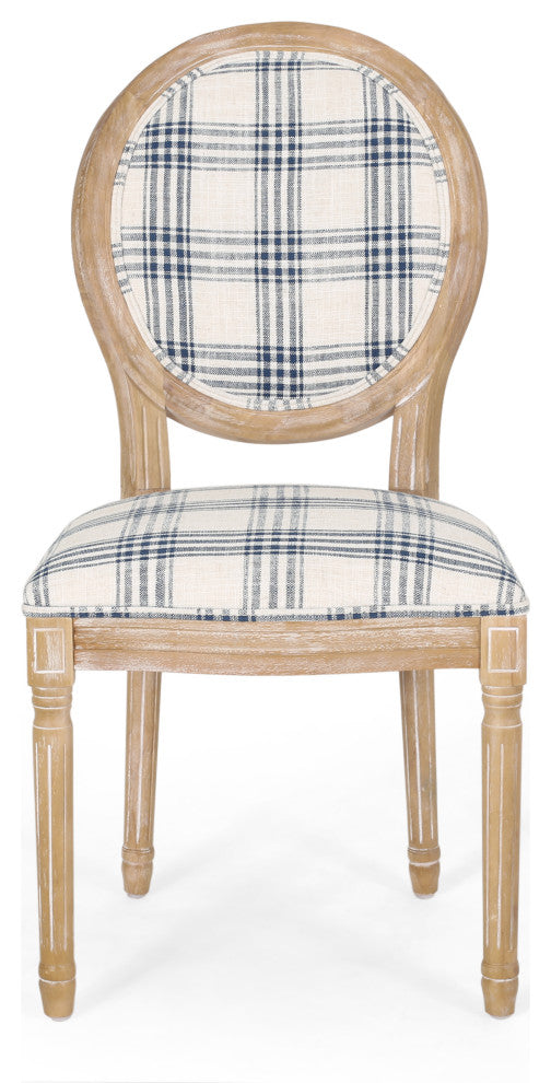 Lariya French Country Fabric Dining Chairs (Set of 2), Dark Blue Plaid + Natural, Two (2) Dining Chairs