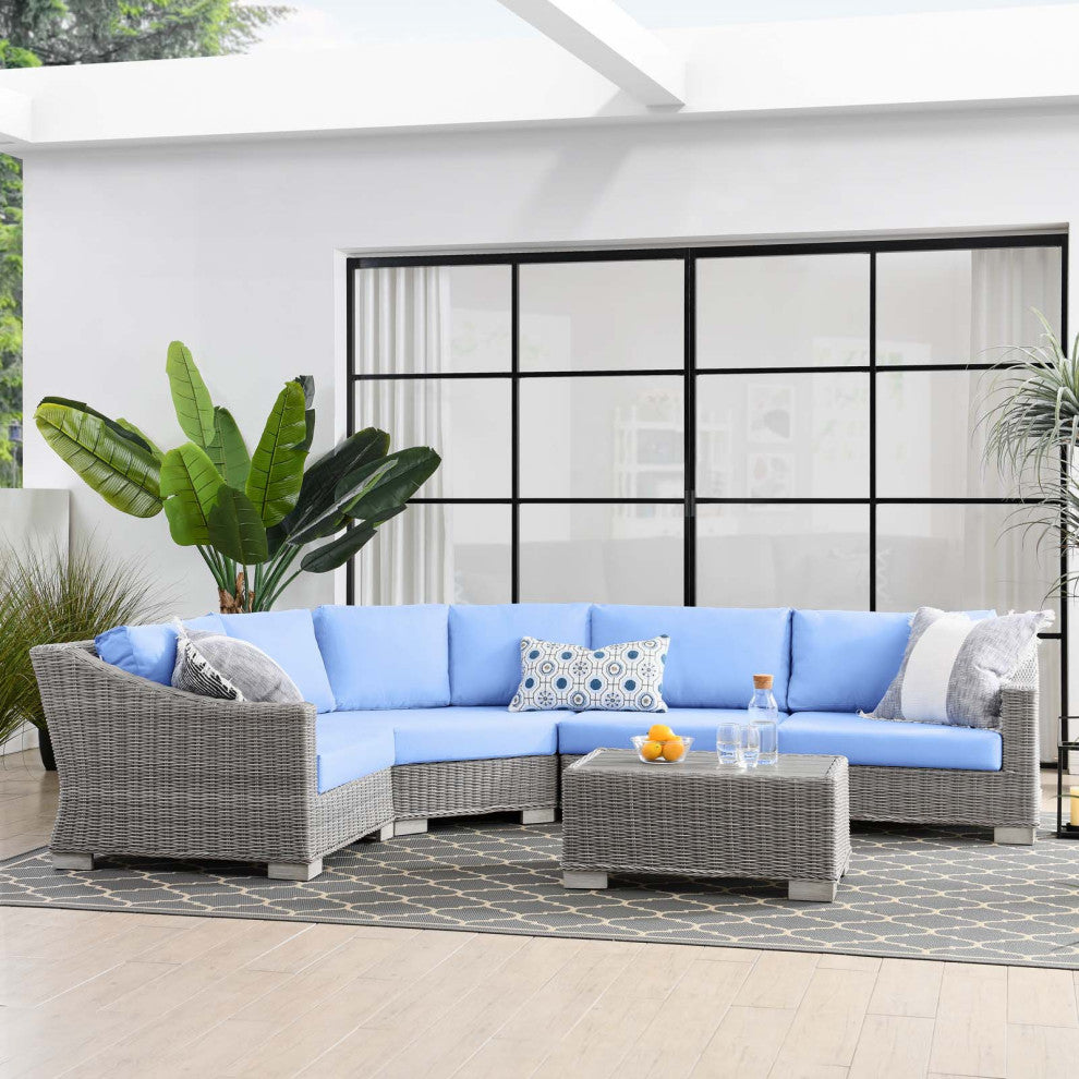 Lounge Sectional Sofa Chair Table Set, Rattan, Wicker, Gray Blue, Outdoor