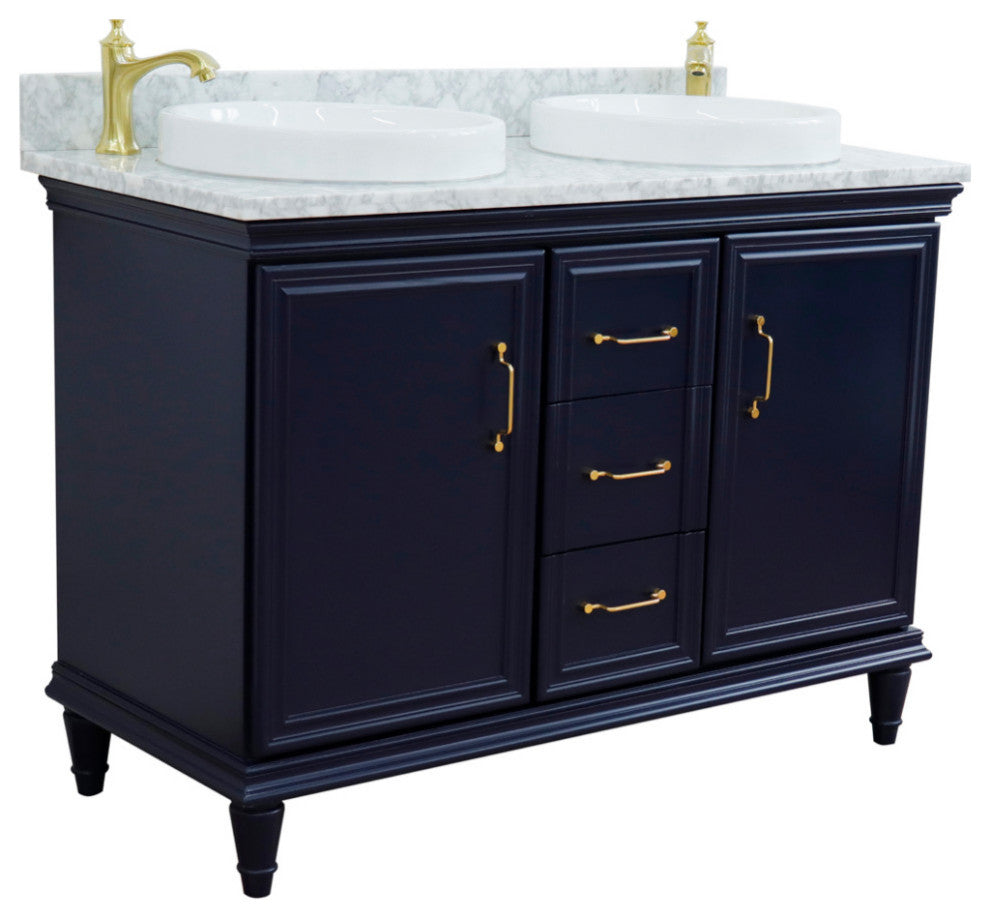 49" Double Vanity, Blue Finish With White Carrara And Round Sink