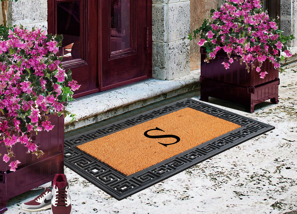 Rubber And Coir Greek Key Black Border 24"x36", Outdoor Monogrammed Doormat, S