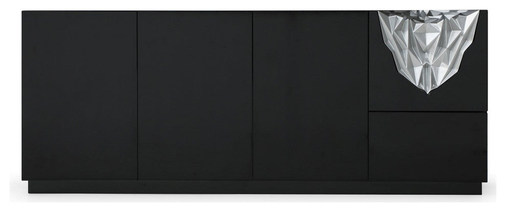 78.8" Modern Amor Buffet Glossy Black Lacquer Polished Stainless Steel Accents