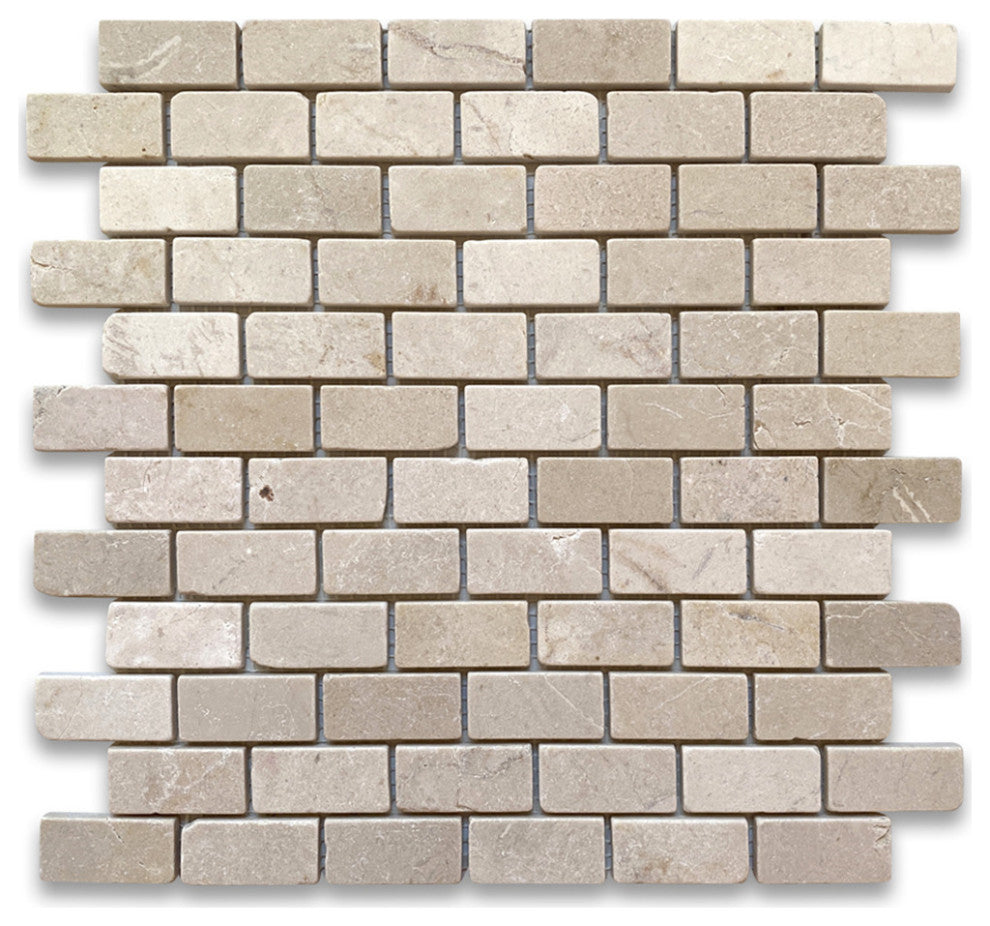 Tumbled Crema Marfil Marble 1x2 Brick Subway Antique Mosaic Tile, 1 sheet
