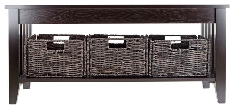 Morris Coffee Table with 3 Foldable Corn Husk Baskets, Espresso and Chocolate