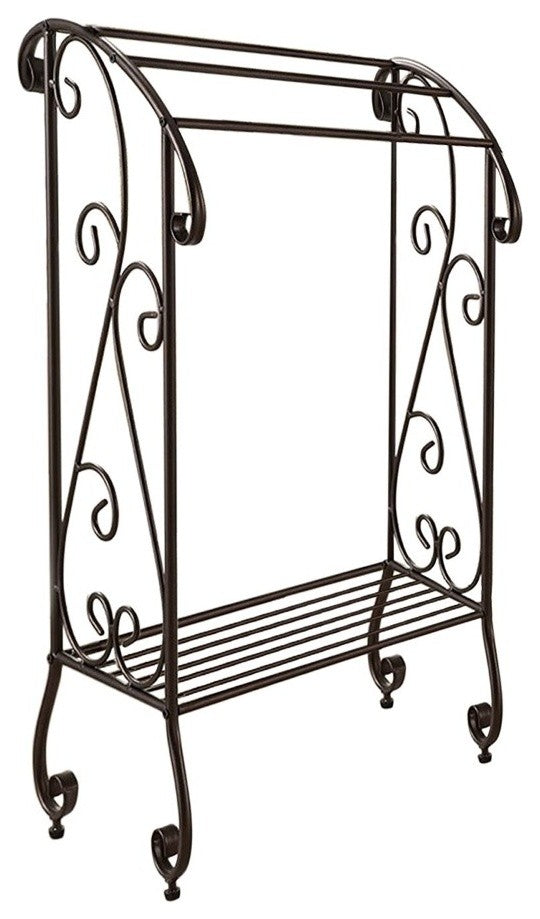 Benzara Free Standing Metal Towel Rack Stand With Shelf, Black