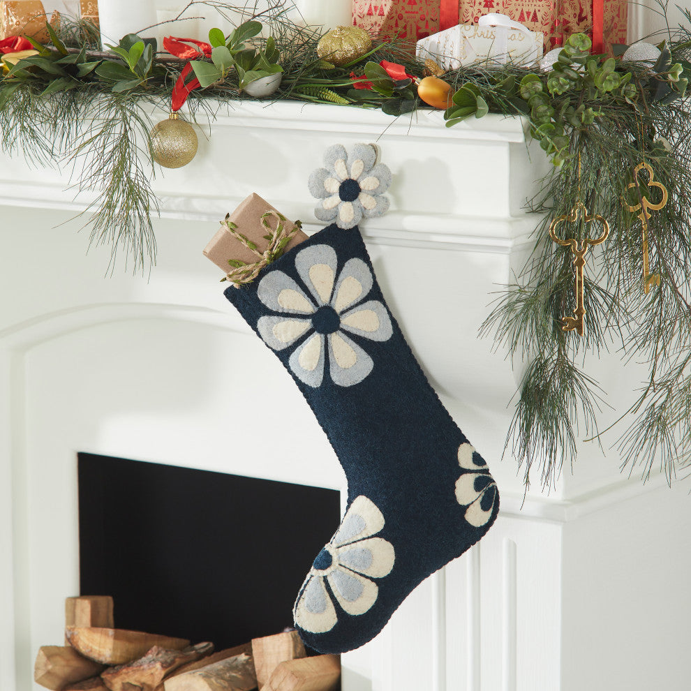 Hand Felted Wool Christmas Stocking Flower Power, Blue