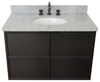 37" Single Wall Mount Vanity, Cappuccino Finish With Gray Granite Top