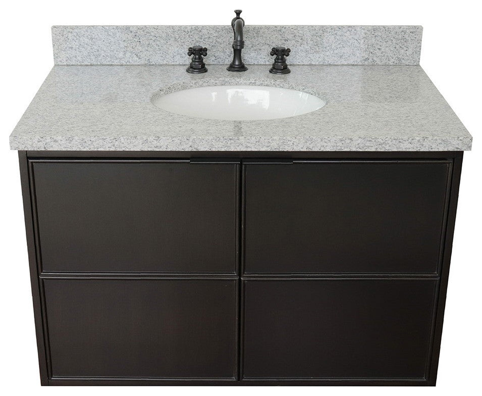 37" Single Wall Mount Vanity, Cappuccino Finish With Gray Granite Top