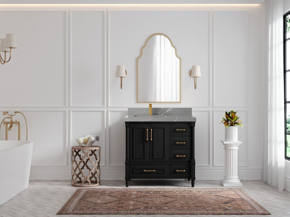 Aberdeen 36 Left Offset Bath Vanity in Black 2" Piatra Gray