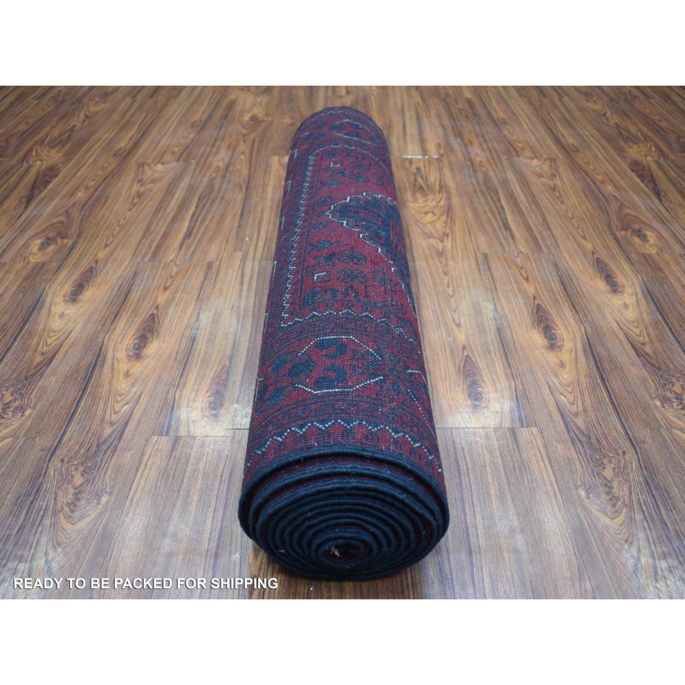 Deep Red, Afghan Khamyab Velvety Wool Hand Knotted Runner Rug, 3'0"x12'8"