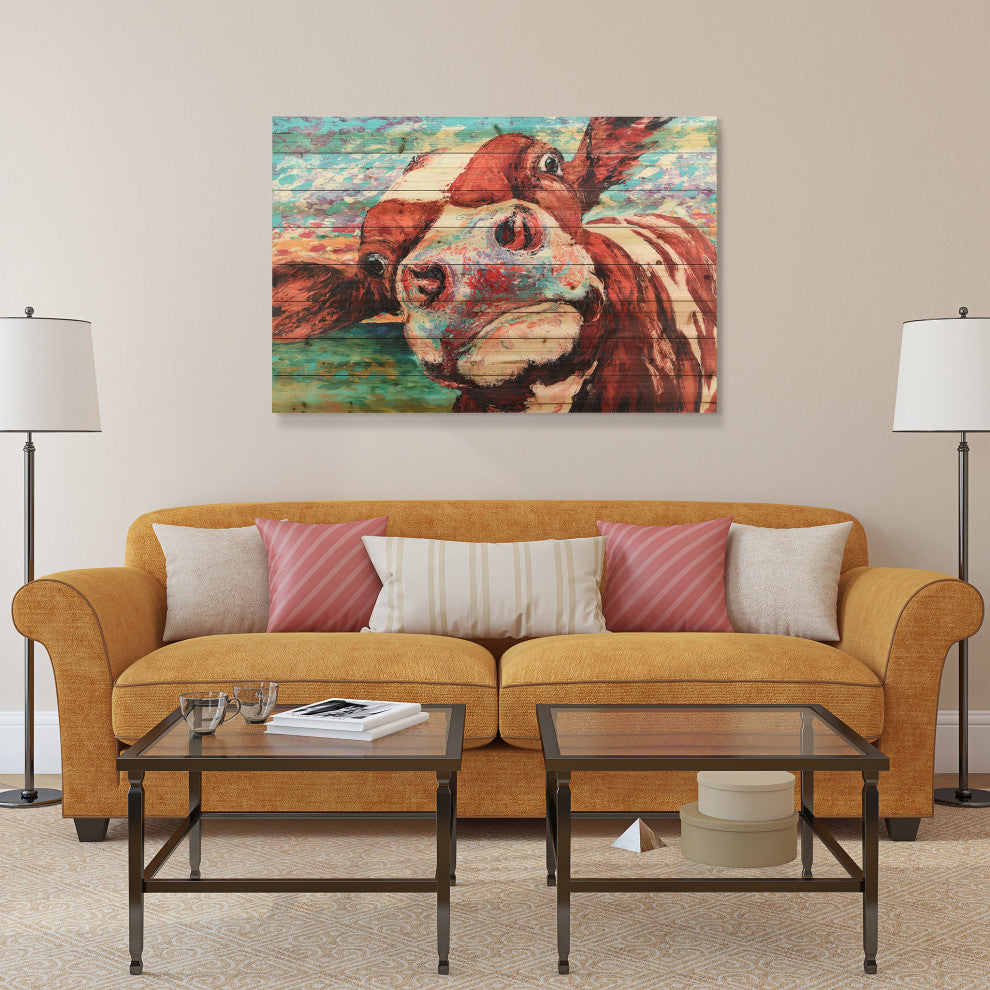"Curious Cow" Wall Art Digital Print on Solid Wood, 45"x1.5"x30"