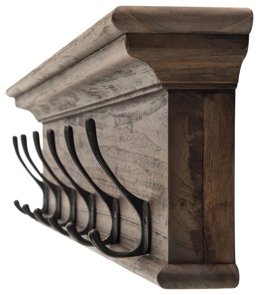 Rustic Dark Teak Six Hook Hanging Coat Rack