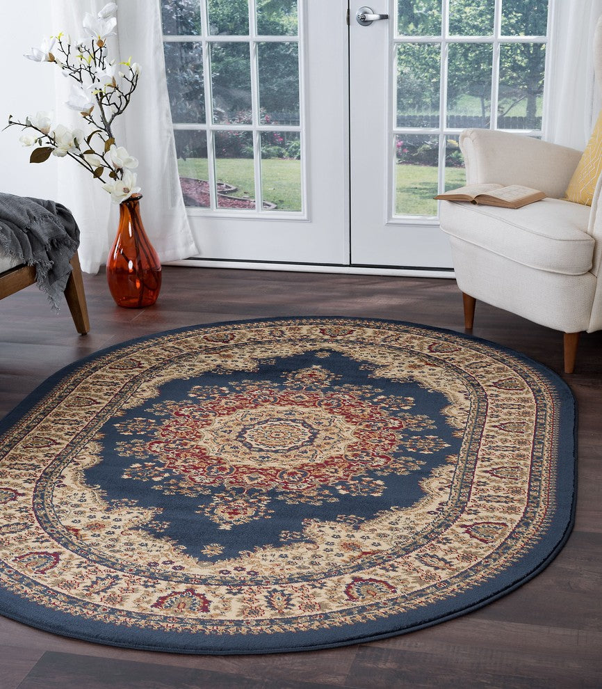 Fiona Traditional Oriental Navy Oval Area Rug, 5' x 7' Oval