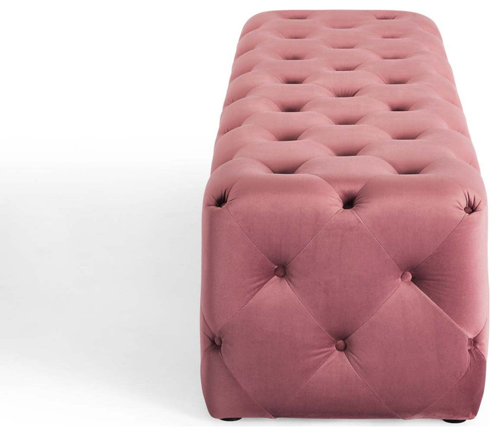 Tufted Accent Chair Bench, Velvet, Pink, Modern, Living Lounge Hotel Hospitality