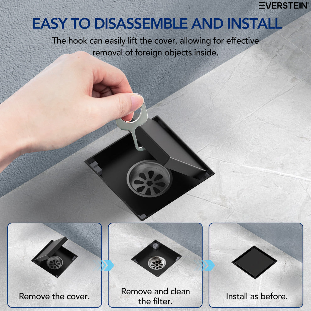 4"x4" Stainless Steel Square Shower Drain With Drain Cover, Matte Black