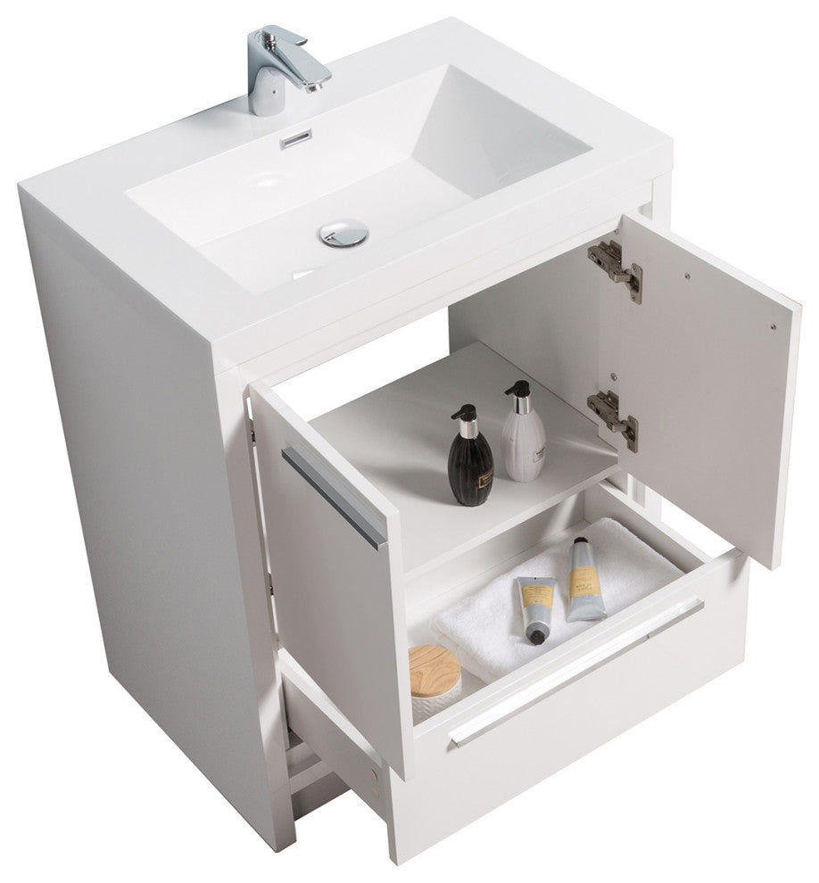 Freestanding Bath Vanity Set, HG-White, Integrated Solid Surface Sink, 24"