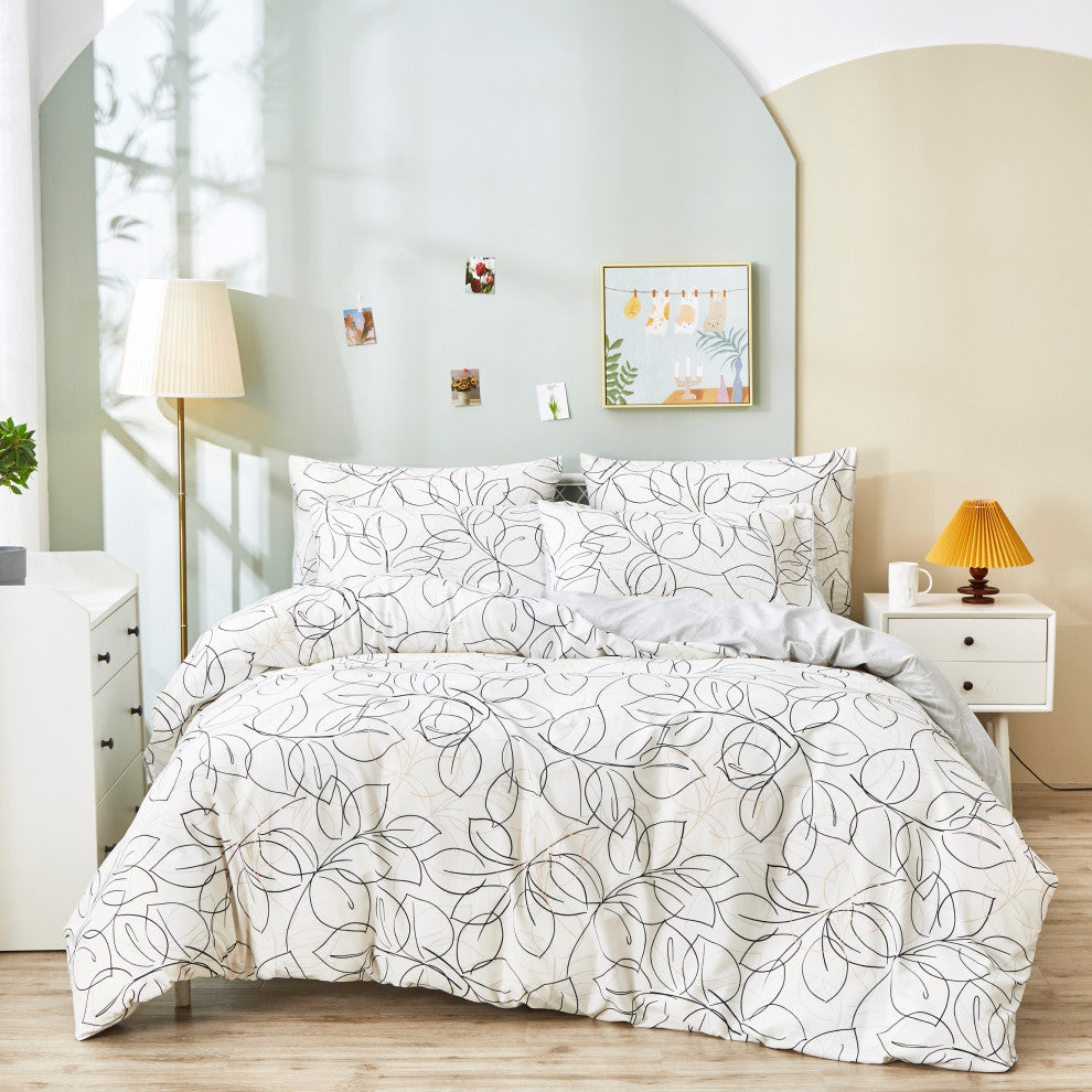 Tache Modern Leaf Foliage Abstract White Grey Black Reversible Duvet Cover, Cal