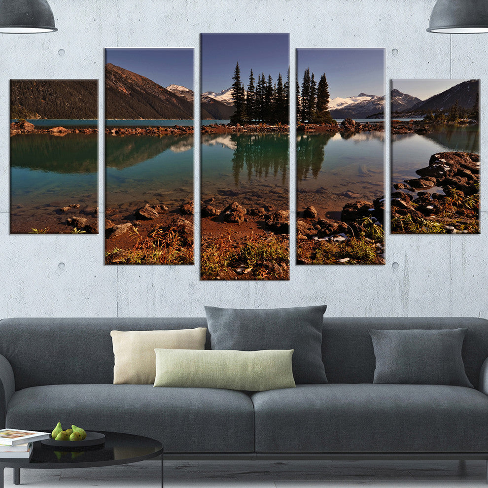 Lake and Pine Trees in Evening, Landscape Canvas Print, 60"x32", 5 Panels