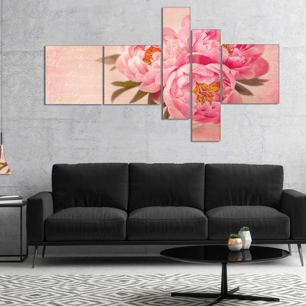 Peony Flowers against Scribbled Back, Floral Canvas Art Print, 60"x32", 5 panels