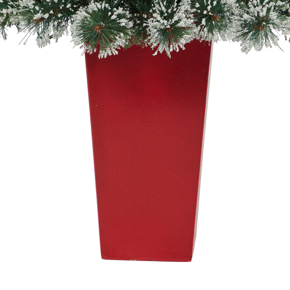 52" Frosted Swiss Pine Faux Xmas Tree W/100 Clear Lights & Berries, Red Planter
