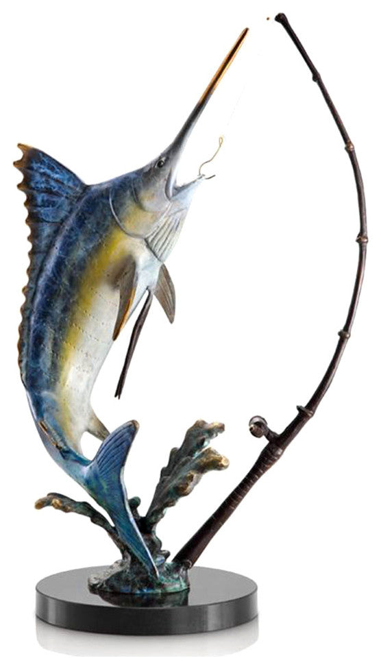 Hand Painted Fighting Marlin with Tackle Statue 15 Inch
