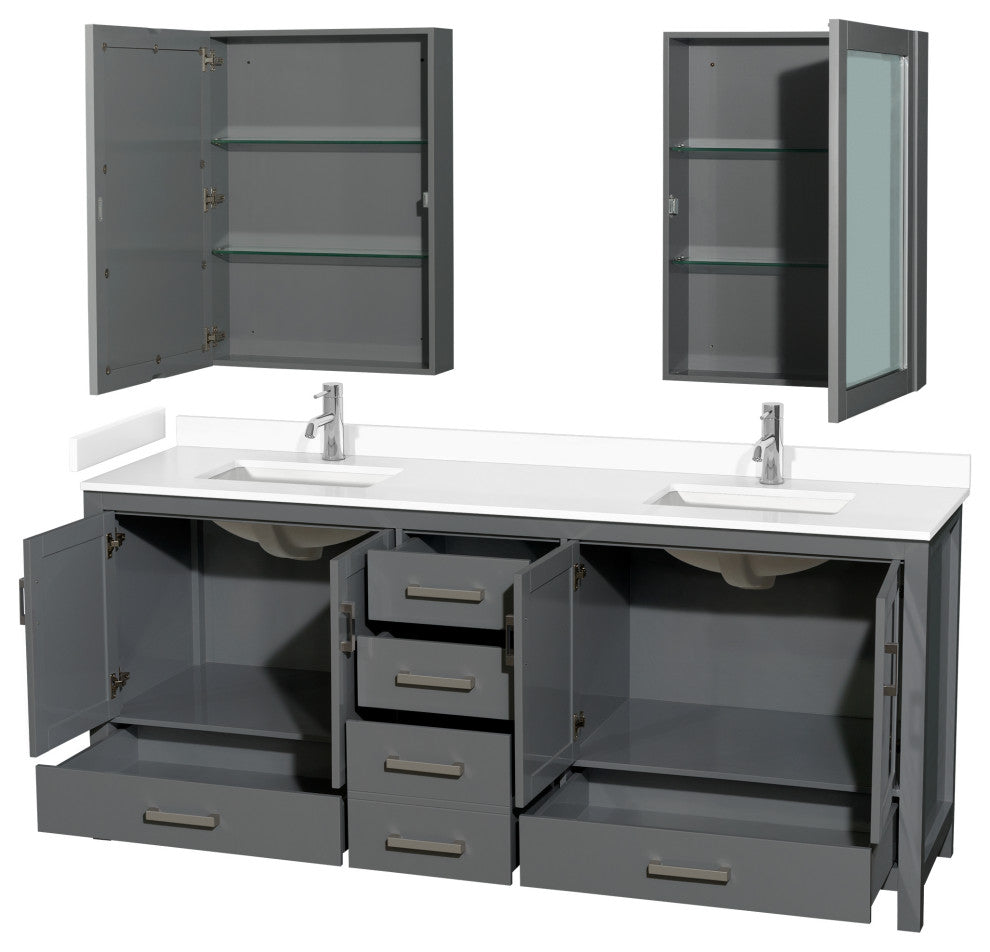 80"DBL Vanity Dark Gray, White Cult. Marble Countertop, Sinks, Med. Cabinets