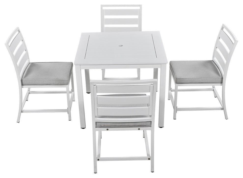 5-Piece Outdoor Steel Patio Dining Set with table and four chairs, White