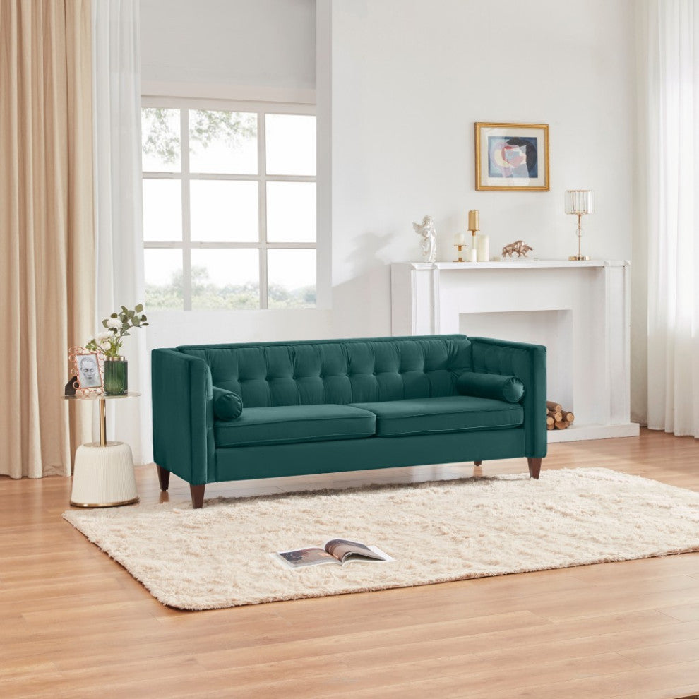 Teal Velvet Upholstered Sofa With Bolster Pillows