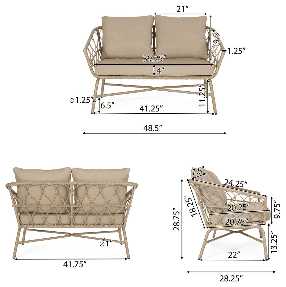 Colmar Outdoor Wicker Loveseat With Cushions, Light Brown and Beige