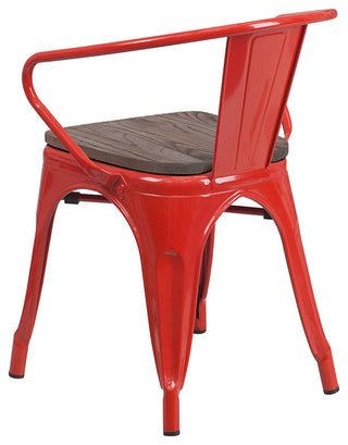 Red Metal Chair with Wood Seat and Arms