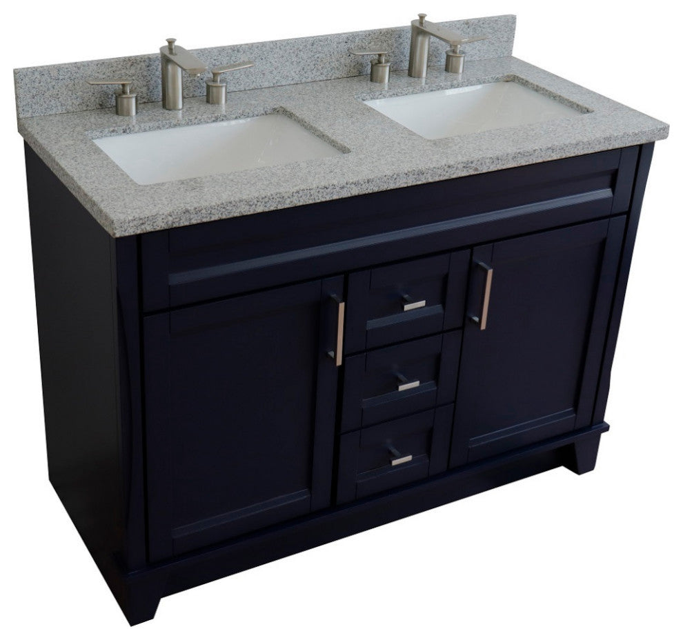 48" Double Sink Vanity, Blue Finish With Gray Granite And Rectangle Sink