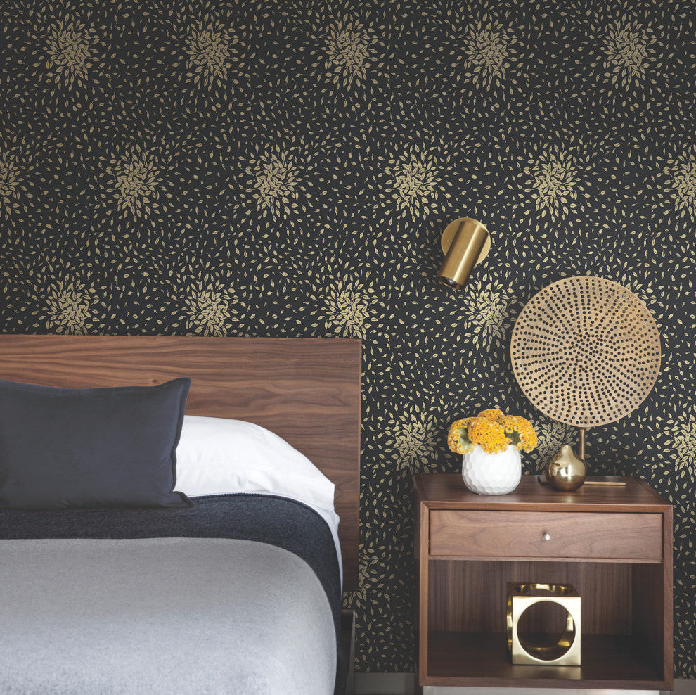 Black & Gold Petite Leaves Wallpaper