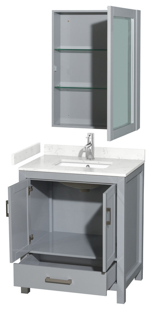 30"SGL Bathroom Vanity Gray, Carrara Cult. Marble Countertop, Sink, Med. Cabinet