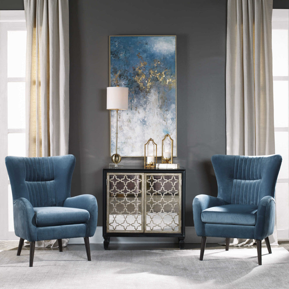 Midcentury Modern Teal Blue Arm Wing Chair, Sculpted Back Tapered Leg