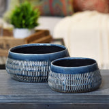 Ceramic Short Bellied Round Vases, Embossed Rectangle, 2-Piece Set, Blue