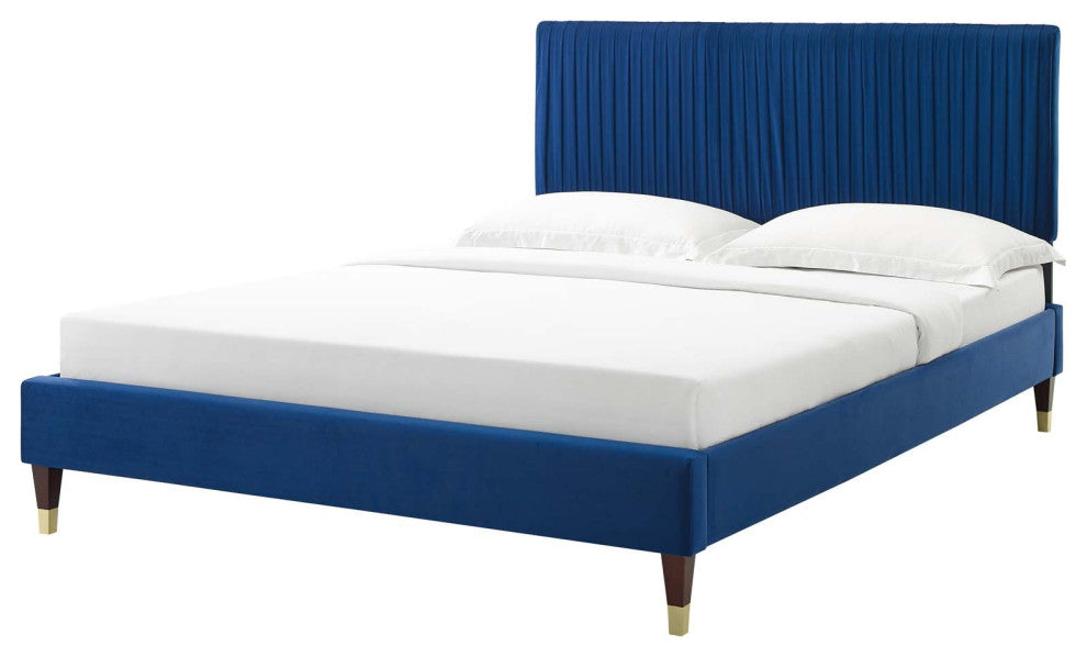 Platform Bed Frame, Queen Size, Velvet, Blue Navy, Modern Contemporary, Bedroom