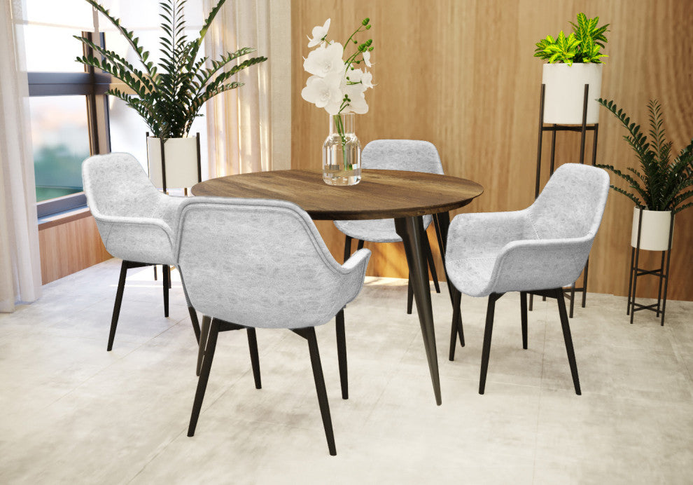 LeisureMod Markley Leather Dining Armchair Metal Legs Set of 2, Light Gray
